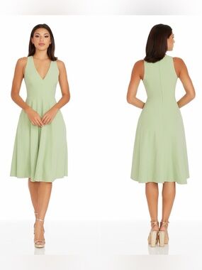 Dress the Population Catalina Sage Green V-Neck Fit and Flare Midi Dress